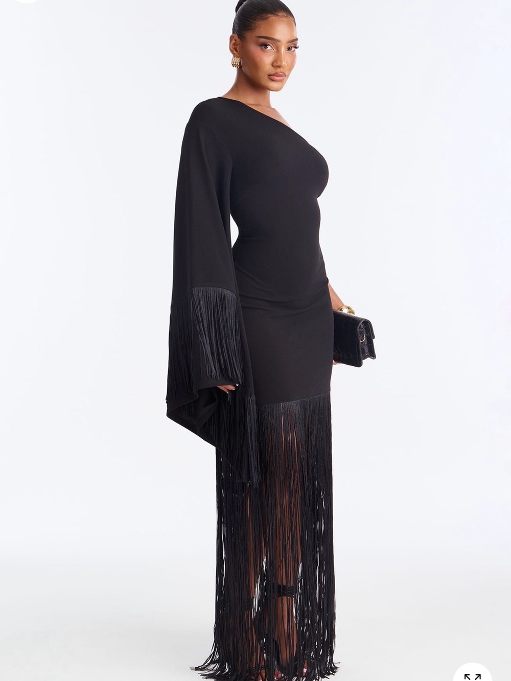 Fashion Nova Black One-Shoulder Fringe Maxi Dress